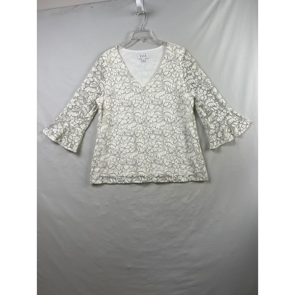 ELLE Lace Blouse Women XL White Black V-Neck Bell Sleeve Floral Lined Top